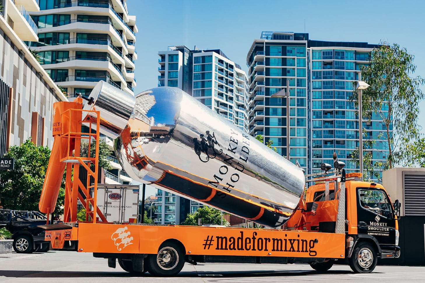 An image of a cement mixer truck transformed into the Monkey Shoulder Shaker